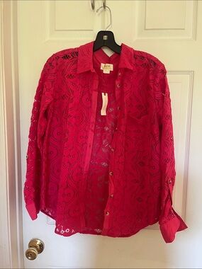 Maeve Bright Fuchsia Lace Button-Up Shirt. Size 10